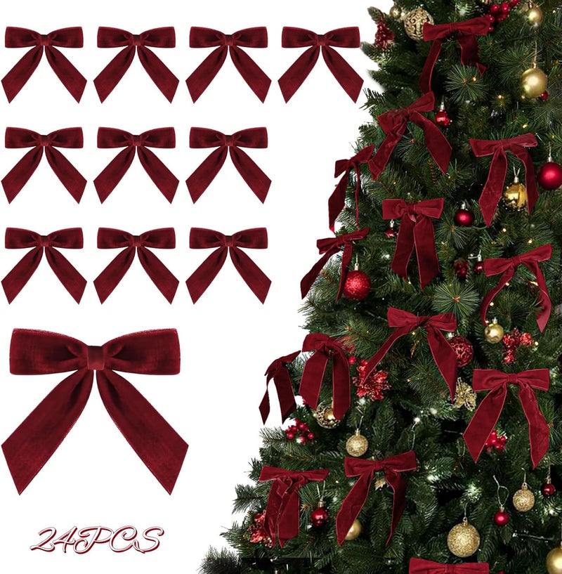 Zesua Christmas Decorations - Christmas Bows - 24 Pcs 7 x 6 inch Medium Wine Red Velvet Bows for Christmas Tree - Burgundy Xmas Ribbon Ornaments - Home Decor for Wreath Garland Gift Wrapping Wedding Party - Image 1